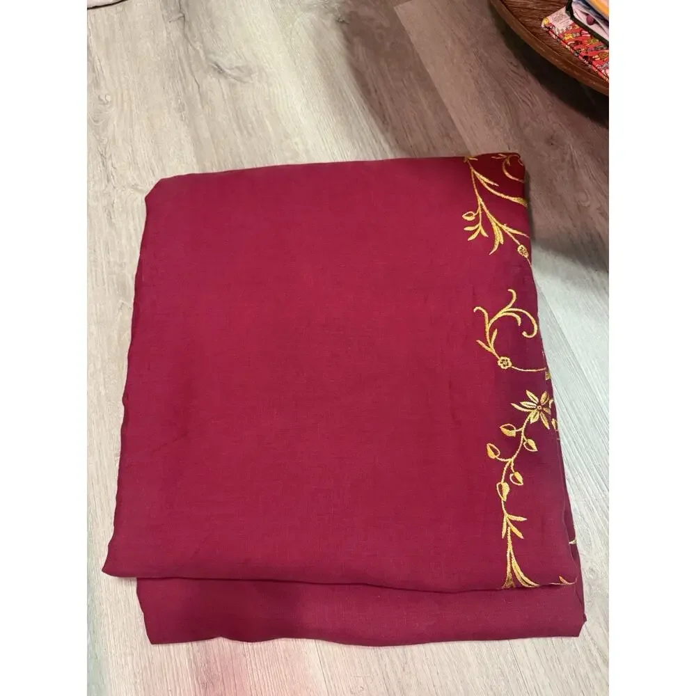 Vintage Linen Embroidered Bedspread 105x172 Red Gold Floral Handmade